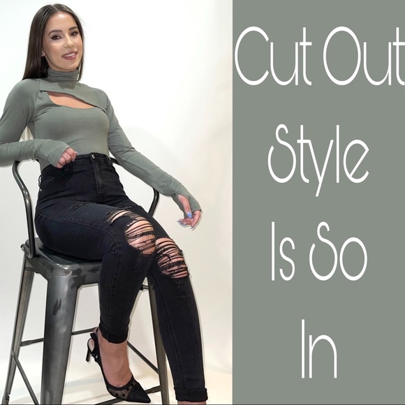 Long Sleeve Bodysuit w/Cut Out Turtle Neck Stretchy Soft Button Closure - Picture 2 of 6